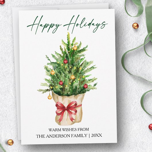 Calligraphy Ink Watercolor Pine Red Bow Feestdagenkaart