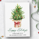 Calligraphy Ink Watercolor Pine Tree Red Bow Feestdagenkaart<br><div class="desc">Modern Elegant Calligraphy Ink Script Happy Holidays Card includes a Watercolor Pine Tree in a paper bag with a Red Ribbon Bow,  Gold and Red Christmas Ornaments.</div>