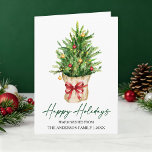 Calligraphy Ink Watercolor Pine Tree Red Bow Fold Feestdagen Kaart<br><div class="desc">Modern Elegant Calligraphy Ink Script Happy Holidays Folded Card includes a Watercolor Pine Tree in a paper bag with a Red Ribbon Bow,  Gold and Red Christmas Ornaments.</div>
