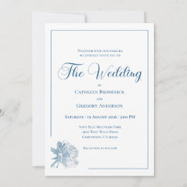 Calligraphy Line Art Dusty Blue Floral Wedding Kaart