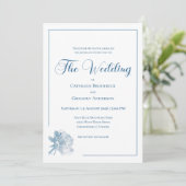 Calligraphy Line Art Dusty Blue Floral Wedding Kaart (Staand voorkant)