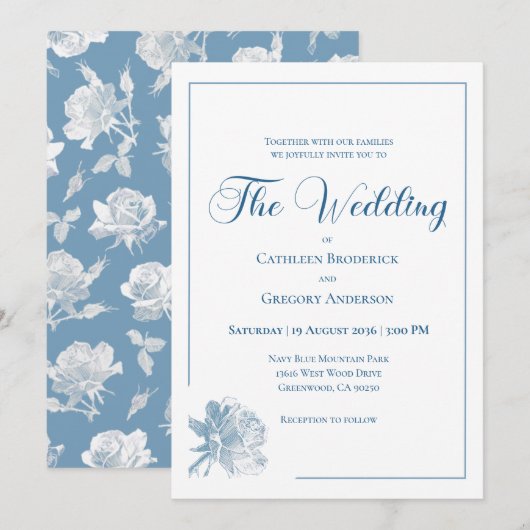 Calligraphy Line Art Dusty Blue Floral Wedding Kaart (Voorkant / Achterkant)