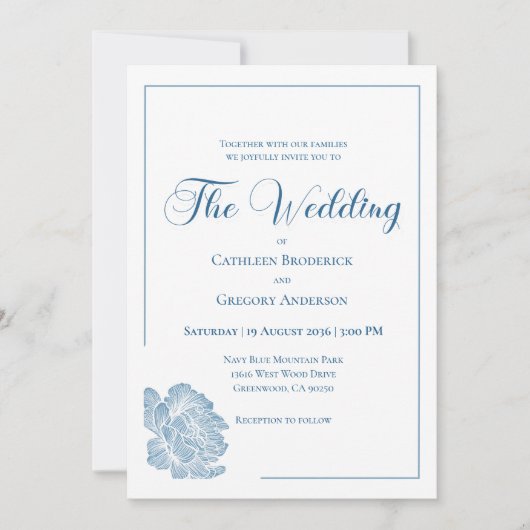 Calligraphy Line Art Dusty Blue Floral Wedding Kaart (Voorkant)