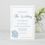 Calligraphy Line Art Dusty Blue Floral Wedding Kaart (Staand voorkant)