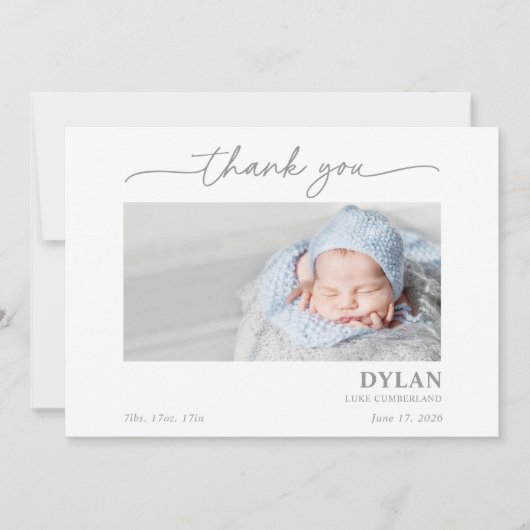 Calligraphy Minimal Baby Photo Thank You Card (Voorkant)