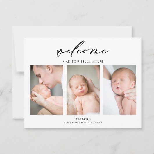 Calligraphy Minimal Photo Baby Announcement Card Bedankkaart (Voorkant)
