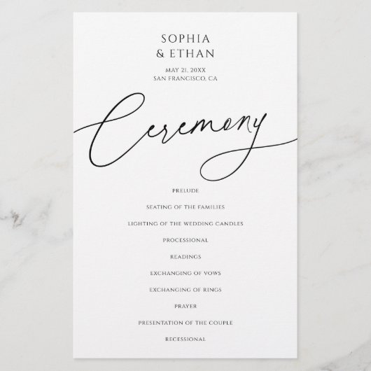 Calligraphy Minimalist Wedding Program White (Voorkant)