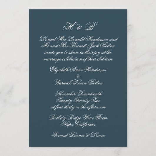 Calligraphy Monogram Navy & White Formal Wedding Kaart (Voorkant)