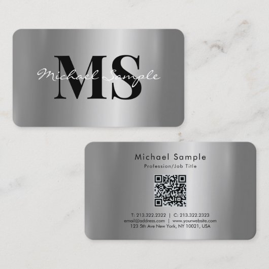 Calligraphy Name QR Code Script Luxe Silver Visitekaartje (Voorkant / Achterkant)