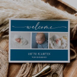 Calligraphy Photo Collage Baby Announcement Card Kaart<br><div class="desc">Announce the arrival of your bundle of joy with this calligraphy photo collage baby announcement card. The design features a white space for your first baby portrait, clean navy blue rectangles to add names, birthdate, etc. The modern calligraphy script reads "welcome", adds grace and elegance to the template. Whether you’re...</div>