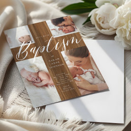 Calligraphy Photo Collage Baby Baptism Wood Cross  Kaart