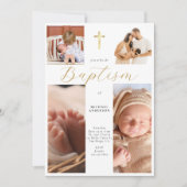 Calligraphy Photo Collage Gold Cross Baby Baptism Kaart (Voorkant)
