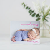 Calligraphy Pink Welcoming Baby Announcement card (Staand voorkant)