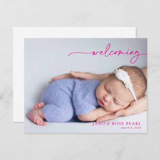 Calligraphy Pink Welcoming Baby Announcement card (Voorkant / Achterkant)