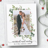 Calligraphy Red Heart Married and Merry Photo Feestdagenkaart