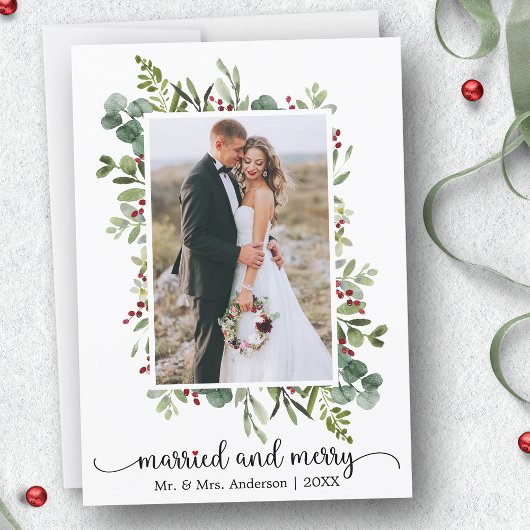 Calligraphy Red Heart Married and Merry Photo Feestdagenkaart