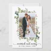 Calligraphy Red Heart Married and Merry Photo Feestdagenkaart (Voorkant)