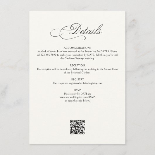Calligraphy Script Details Wedding Informatiekaartje (Voorkant)