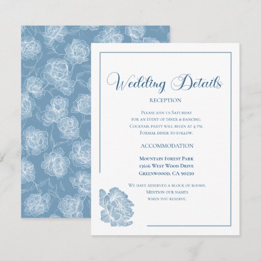 Calligraphy Script Dusty Blue Floral Wedding Informatiekaartje (Voorkant / Achterkant)