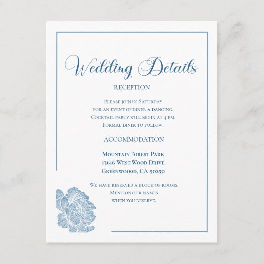 Calligraphy Script Dusty Blue Floral Wedding Informatiekaartje (Voorkant)