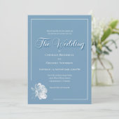 Calligraphy Script Dusty Blue White Floral Wedding Kaart (Staand voorkant)