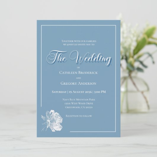 Calligraphy Script Dusty Blue White Floral Wedding Kaart (Staand voorkant)