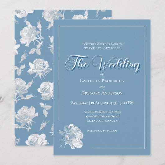 Calligraphy Script Dusty Blue White Floral Wedding Kaart (Voorkant / Achterkant)