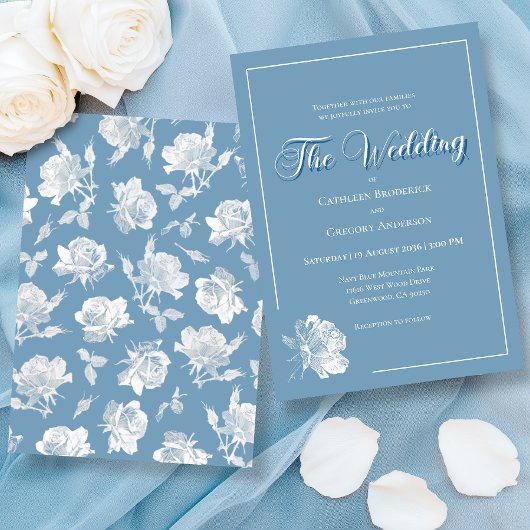 Calligraphy Script Dusty Blue White Floral Wedding Kaart