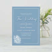 Calligraphy Script Dusty Blue White Floral Wedding Kaart (Staand voorkant)