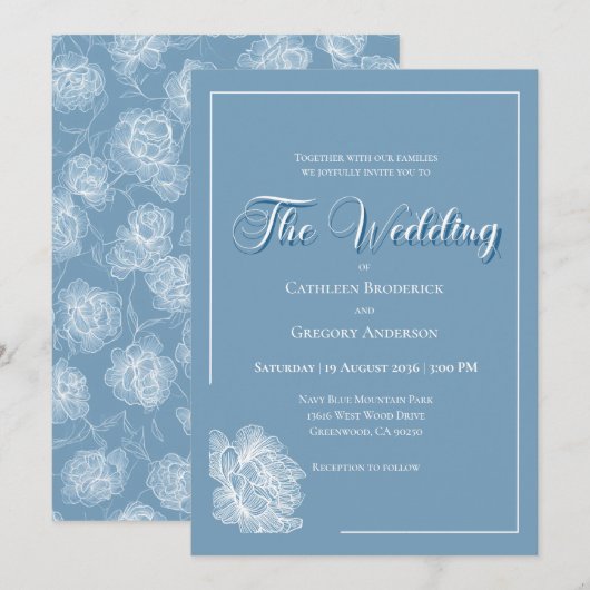 Calligraphy Script Dusty Blue White Floral Wedding Kaart (Voorkant / Achterkant)