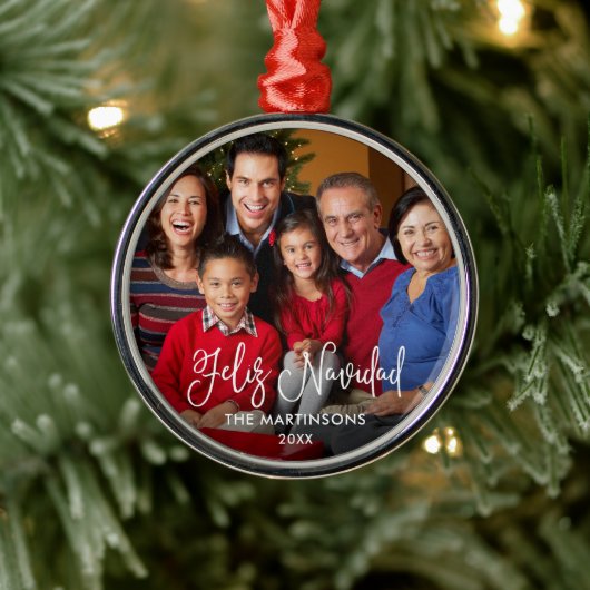 Calligraphy Script Feliz Navidad Photo Metalen Ornament (Boom)