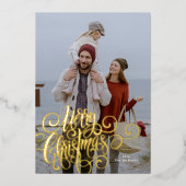 Calligraphy Script Merry Christmas Gold Photo Folie Feestdagenkaart (Voorkant)