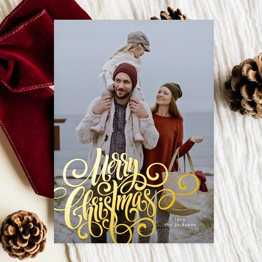 Calligraphy Script Merry Christmas Gold Photo Folie Feestdagenkaart