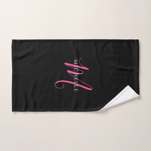Calligraphy Script Monogram Name Black and Pink Handdoek (Handdoek)