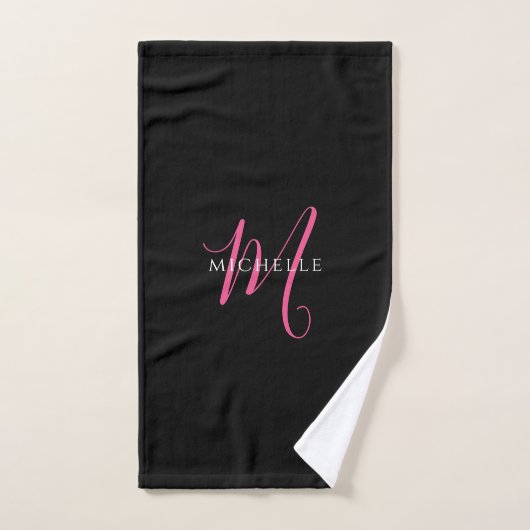 Calligraphy Script Monogram Name Black and Pink Handdoek (Handdoek)