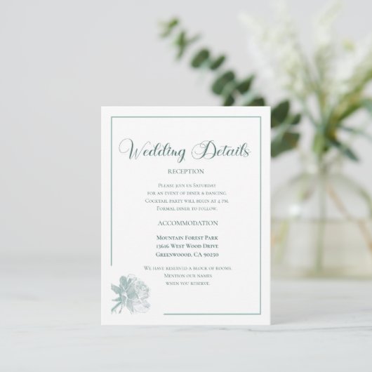 Calligraphy Script Sage Green Floral Wedding Informatiekaartje (Staand voorkant)