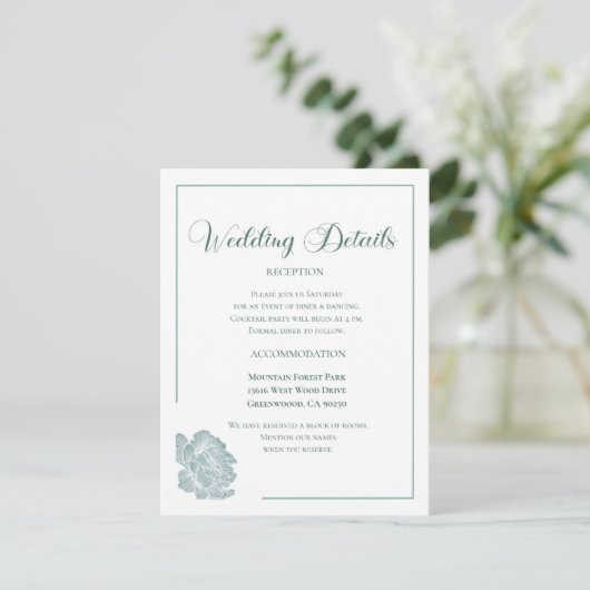 Calligraphy Script Sage Green Floral Wedding Informatiekaartje (Staand voorkant)
