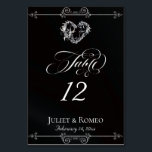 Calligraphy & Silver Heart - Black Table Number Kaart<br><div class="desc">The design features an elegant black background embellished with scroll borders, a heart and placeholders for the table number, couple's names and date of event. Available in several colors for your wedding theme. (Glitter is simulated in the artwork). Designed to coordinate with the Romantic Scroll Hearts & Calligraphy Wedding Collection....</div>