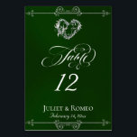 Calligraphy & Silver Heart - Emerald Table Number Kaart<br><div class="desc">The design features an elegant emerald green background embellished with scroll borders, a heart and placeholders for the table number, couple's names and date of event. Available in several colors for your wedding theme. Designed to coordinate with the Romantic Scroll Hearts & Calligraphy Wedding Collection. To change details, click «Personalize»....</div>