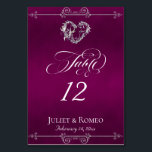 Calligraphy & Silver Heart - Plum Table Number Kaart<br><div class="desc">The design features an elegant plum (purple) background embellished with scroll borders, a heart and placeholders for the table number, couple's names and date of event. Available in several colors for your wedding theme. (Glitter is simulated in the artwork). Designed to coordinate with the Romantic Scroll Hearts & Calligraphy Wedding...</div>
