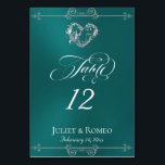 Calligraphy & Silver Heart - Teal Table Number Kaart<br><div class="desc">The design features an elegant teal background embellished with scroll borders, a heart and placeholders for the table number, couple's names and date of event. Available in several colors for your wedding theme. Designed to coordinate with the Romantic Scroll Hearts & Calligraphy Wedding Collection. To change details, click «Personalize». To...</div>