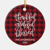 Calligraphy Thankful Grateful Blessed Plaid Photo Keramisch Ornament (Voorkant)