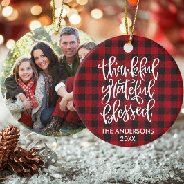 Calligraphy Thankful Grateful Blessed Plaid Photo Keramisch Ornament
