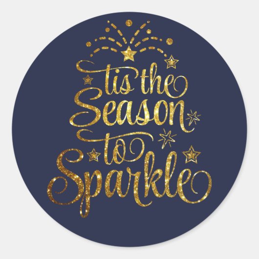 Calligraphy Tis The Season to Sparkle Goud Blauw Ronde Sticker (Voorkant)