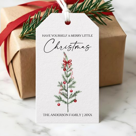 Calligraphy Watercolor Christmas Tree Red Bow Cadeaulabel