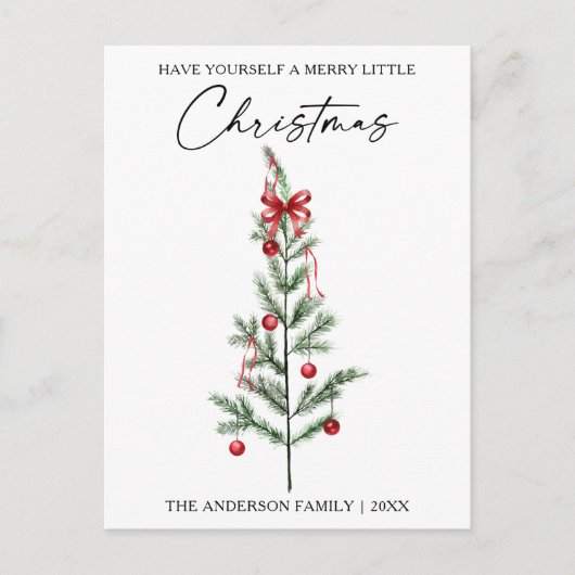 Calligraphy Watercolor Christmas Tree Red Bow Feestdagenkaart (Voorkant)