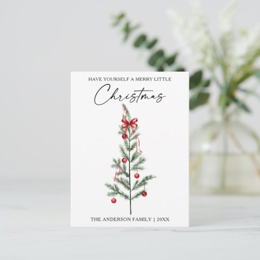 Calligraphy Watercolor Christmas Tree Red Bow Feestdagenkaart (Staand voorkant)