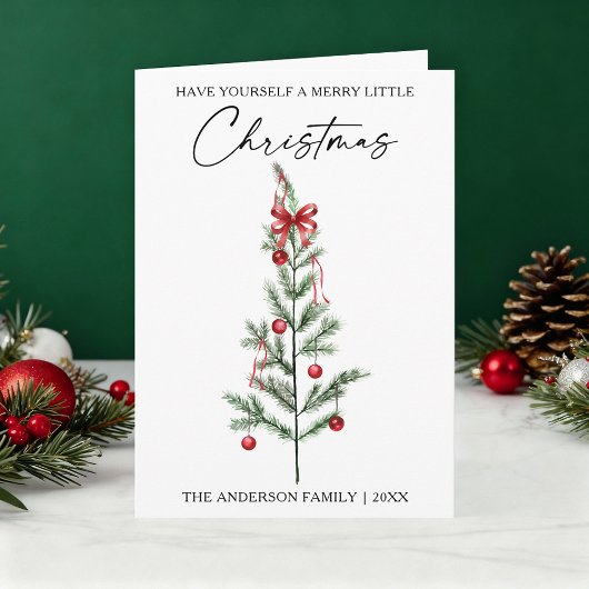 Calligraphy Watercolor Christmas Tree Red Bow Fold Feestdagen Kaart