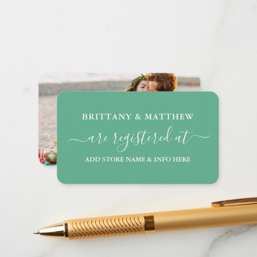 Calligraphy Wedding Registry Foto Mint Green Informatiekaartje (Voorkant / Achterkant in situ)