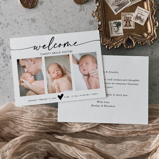 Calligraphy Welcome Photo Baby Announcement Card Bedankkaart